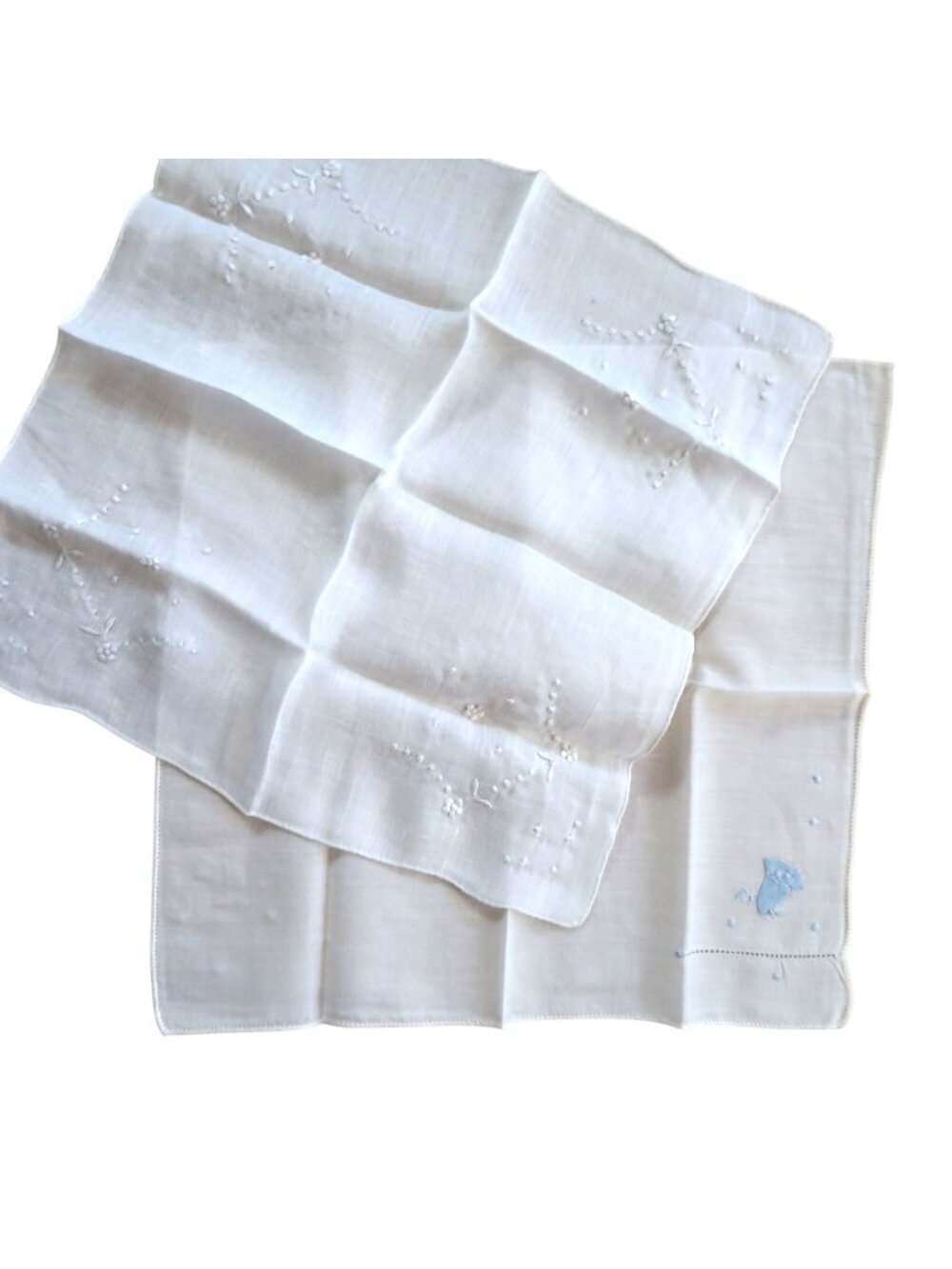 Vintage White Embroidered Handkerchiefs Set of 2 Floral Umbrella Detail Delicate